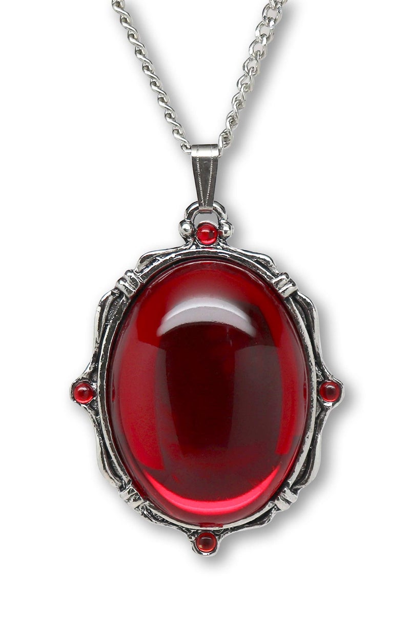 Real Metal Blood Red Oval Stone In Silver Finish Pewter Frame Pendant Necklace - Image 1